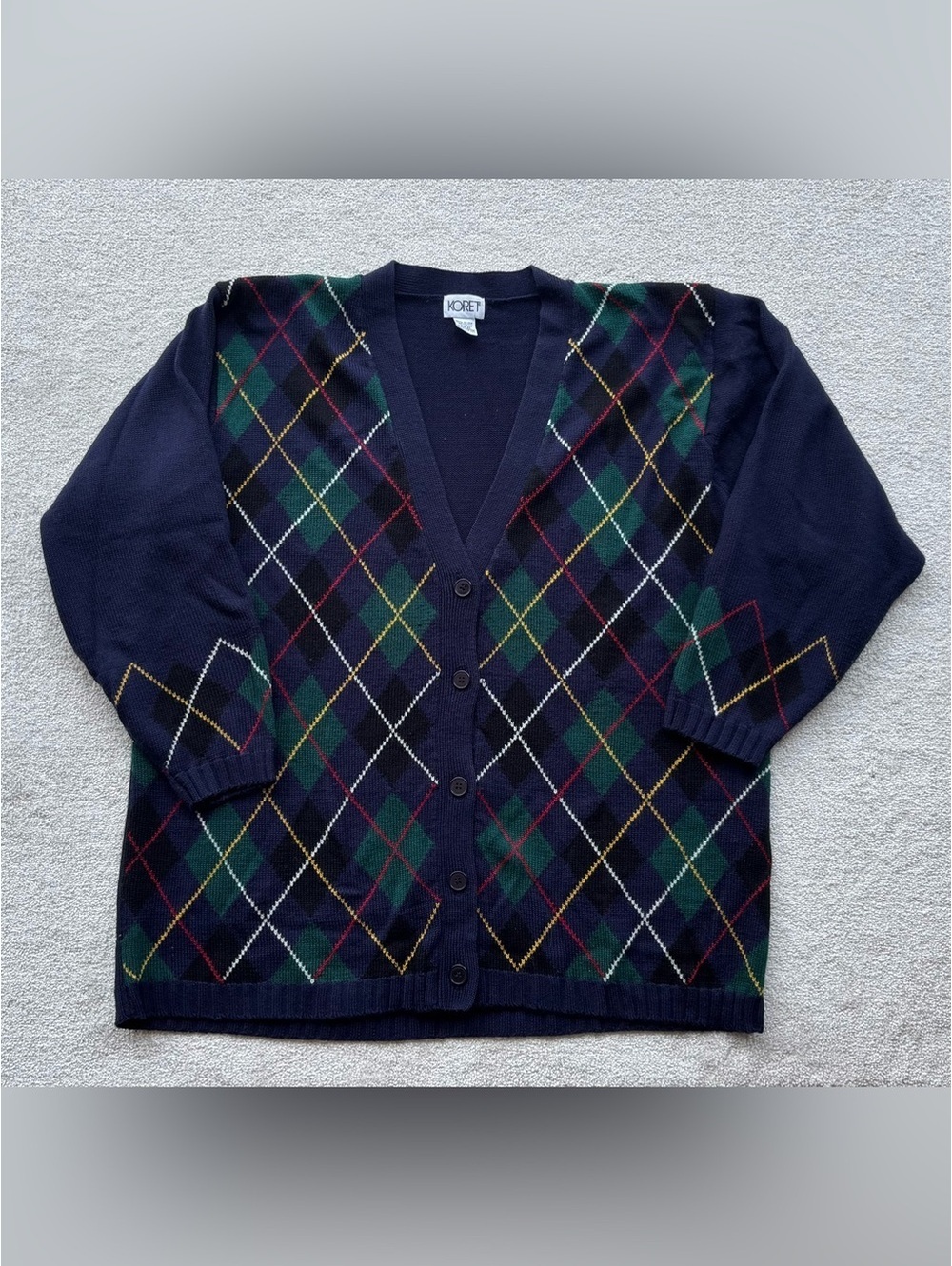 Vtg Koret Navy Argyle Button-Front Cardigan with Multicolor Diamonds
